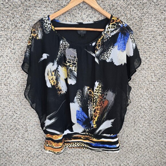 JM Collection Top Womens Small Black Flutter Sleeve Floral Print‎ Blouse Ladies - Picture 1 of 7